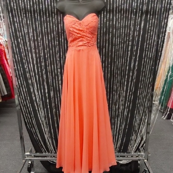 Christina Wu Strapless Coral Lace Gown - Picture 2 of 3